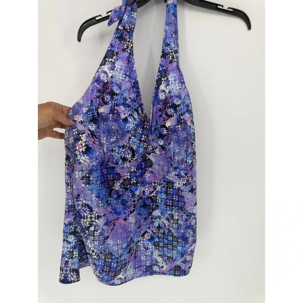 Swimsuits For All Purple Mosaic Floral Halter Tankini Top Size 20